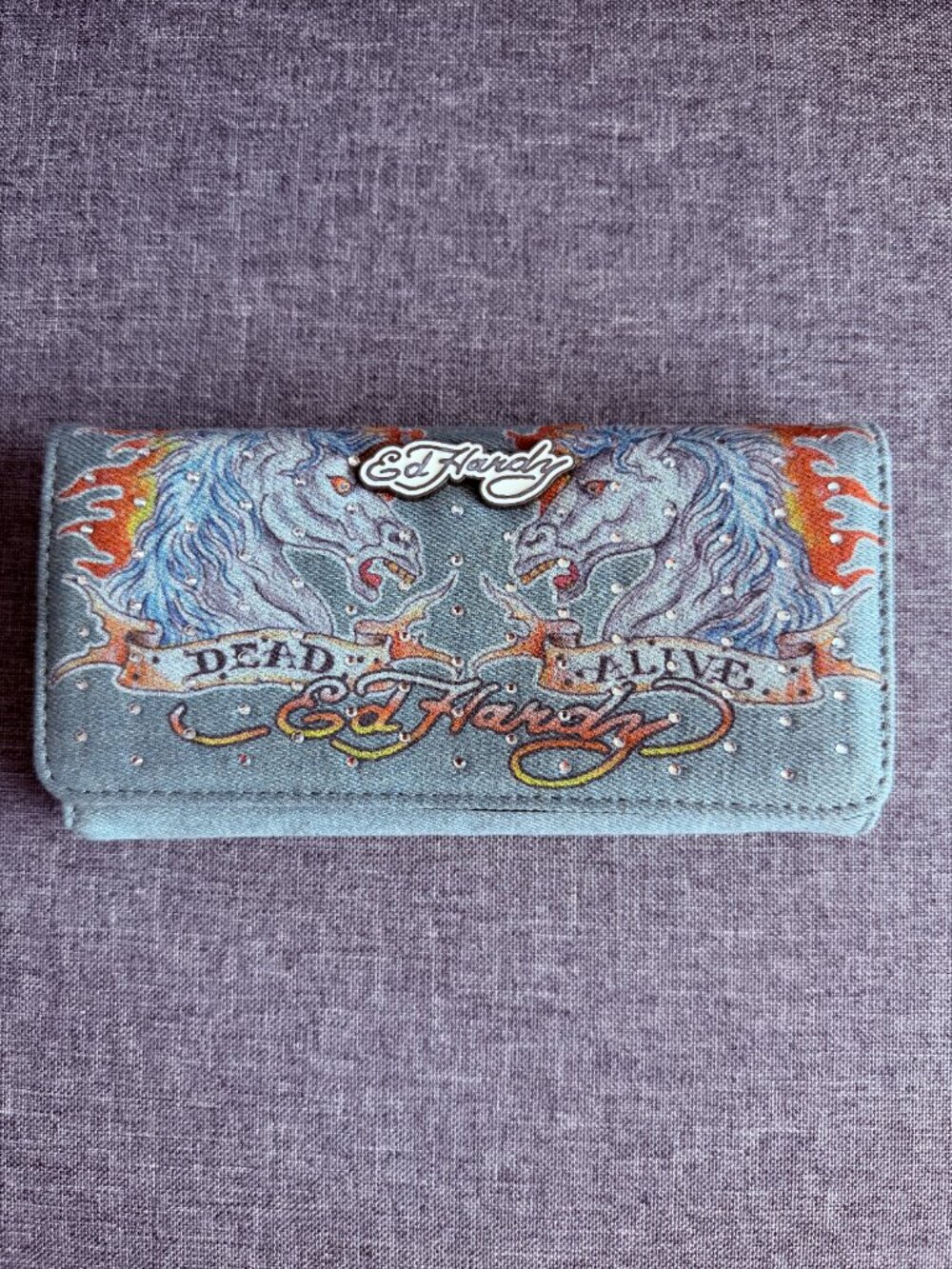 NWT Ed Hardy Dead or Alive Denim Horse Rhinestone Flap Wallet Y2K Retro